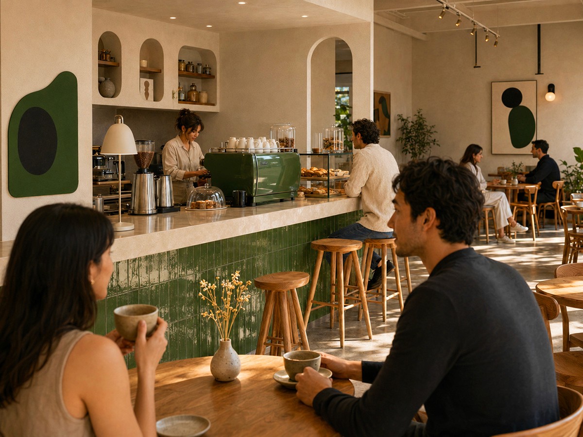 A couple enjoying coffee at a sunlit cafe table, with a barista working in the background.