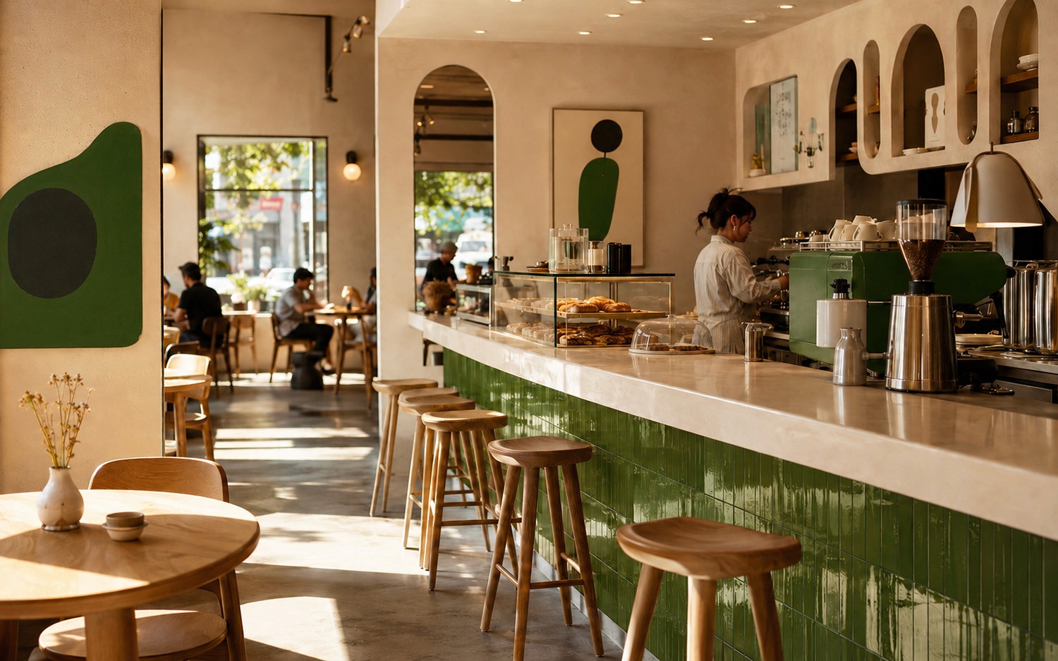 Interior of a modern cafe featuring a green tiled counter, wooden stools, and customers at tables.